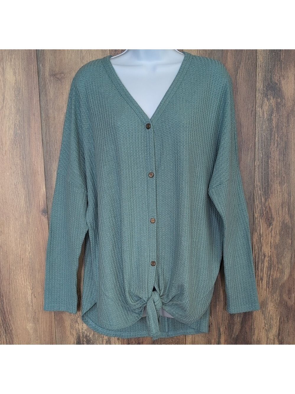IWOLLENCE Elegant Teal Button-Front Tie Front Cardigan Blouse  XL         V231